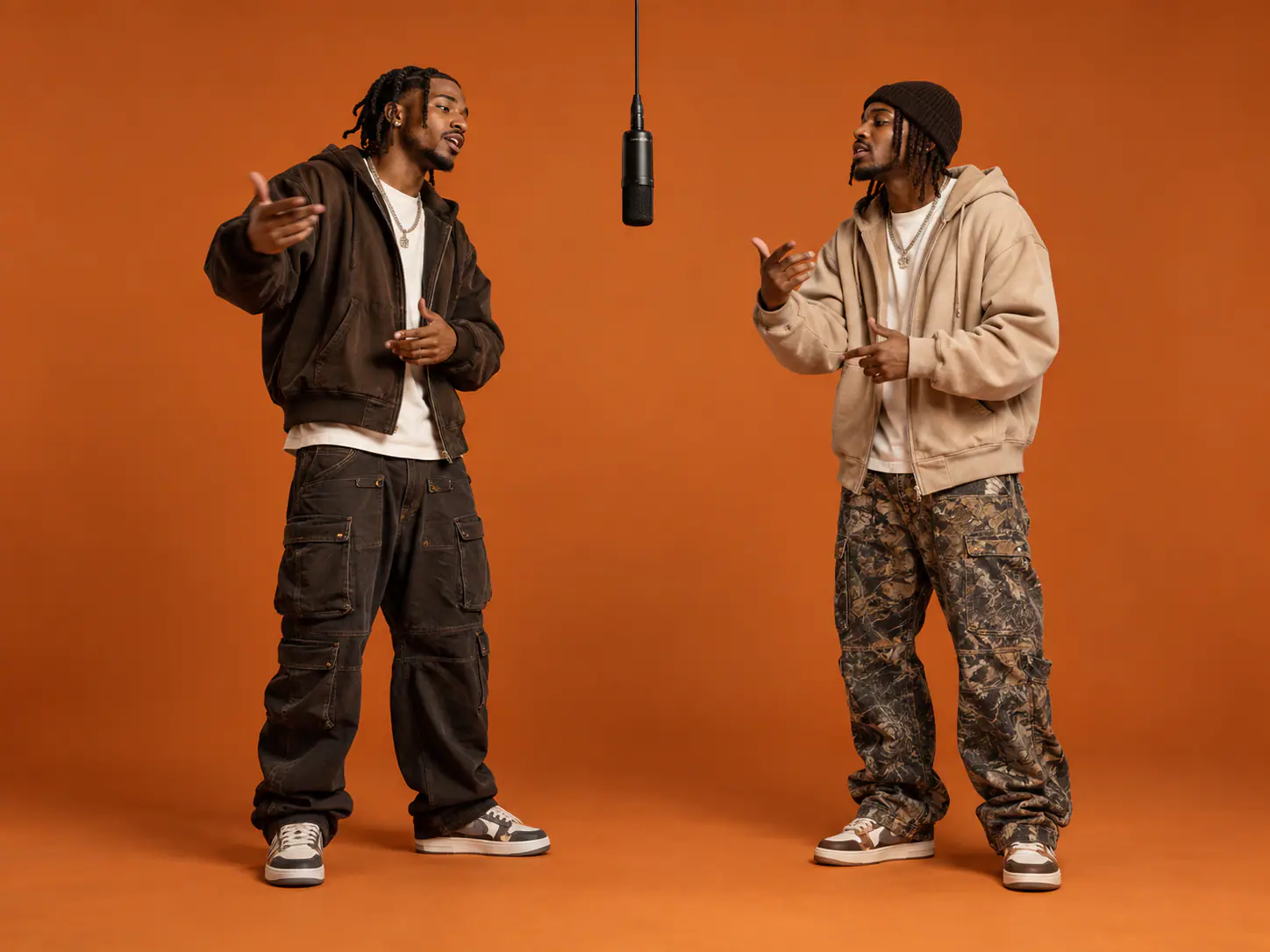 Concept illustration of two performers in streetwear gesturing beneath a microphone against an orange backdrop.
