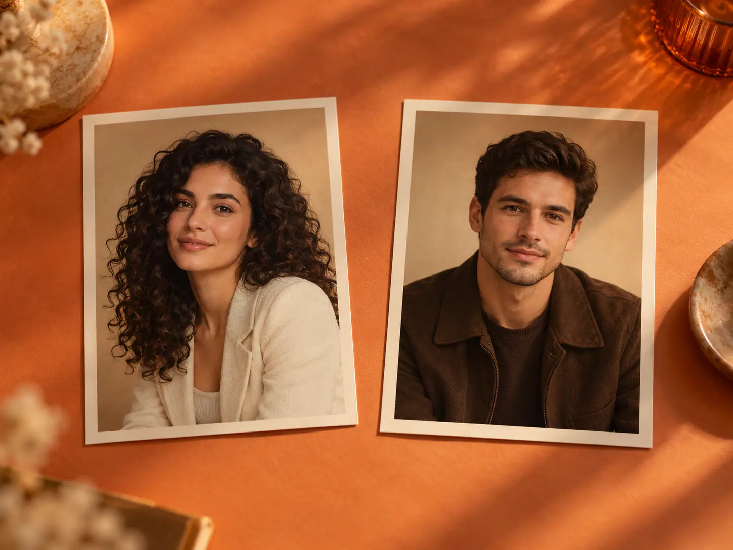 Concept illustration of two separate portraits on an orange tabletop, with one fictional performer in each photo.