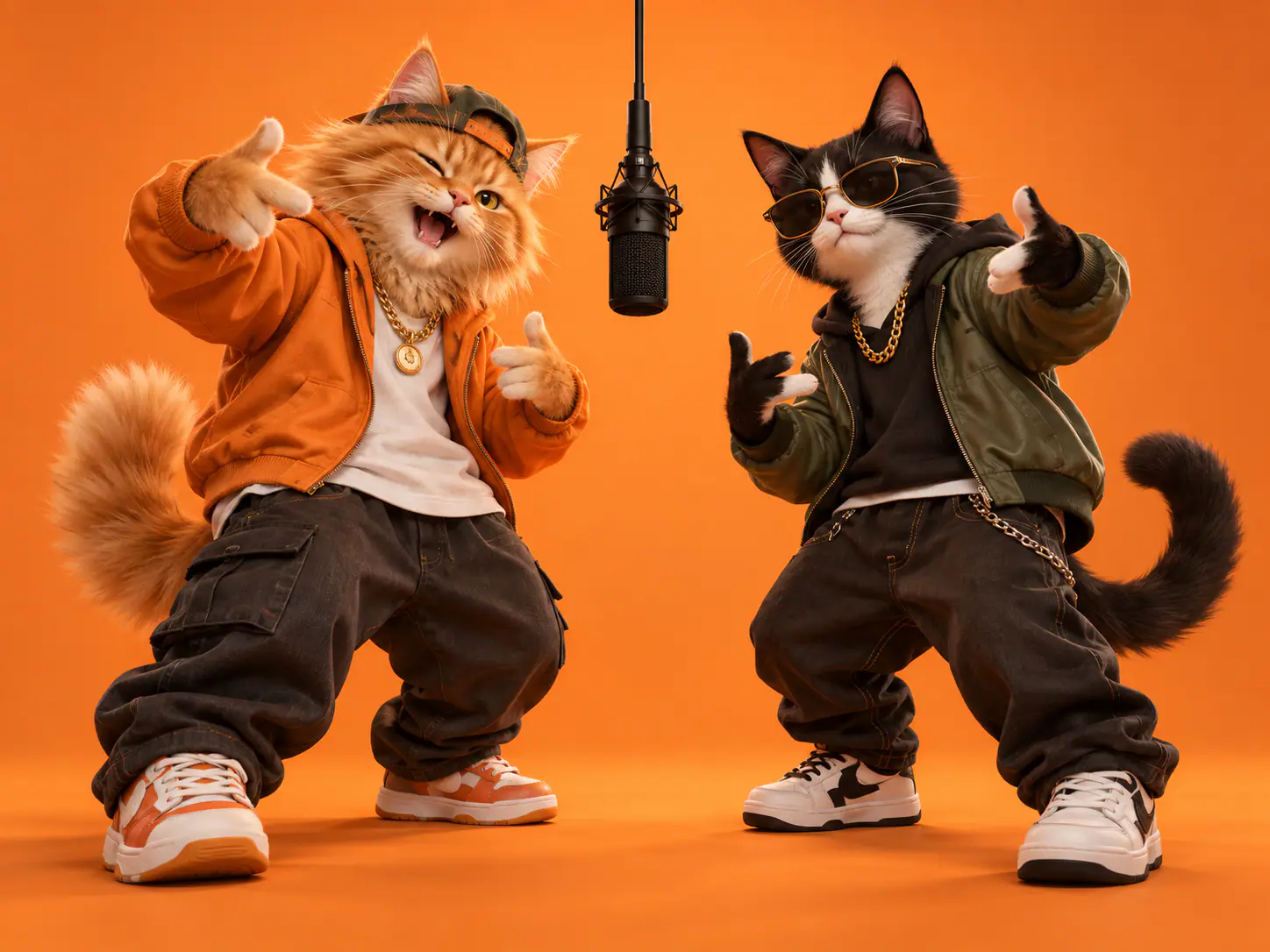 Concept illustration of an orange cat and a black-and-white cat in streetwear performing beneath a microphone in an orange studio.