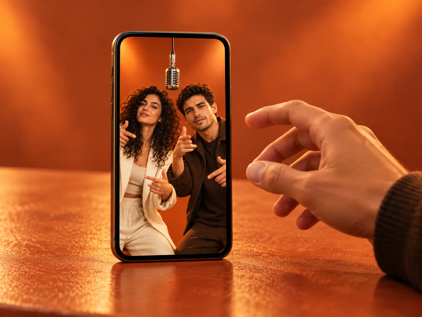 Concept illustration of a phone displaying a vertical frame of the fictional duo on the orange stage.