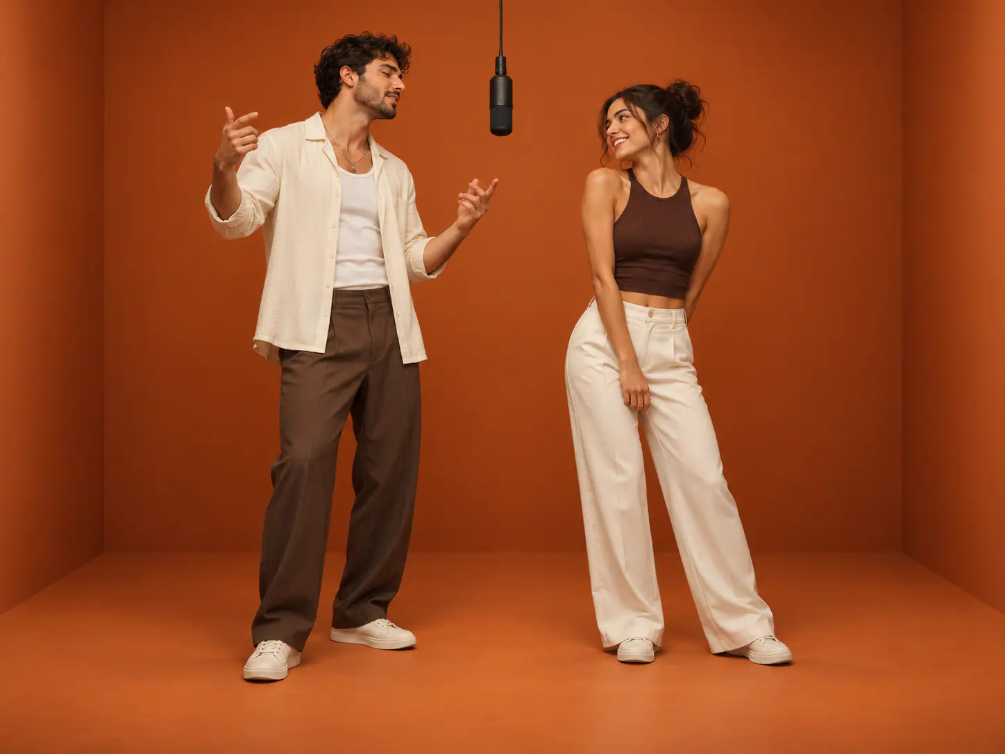 Concept illustration of two people in cream and brown outfits facing each other beneath a microphone in an orange room.