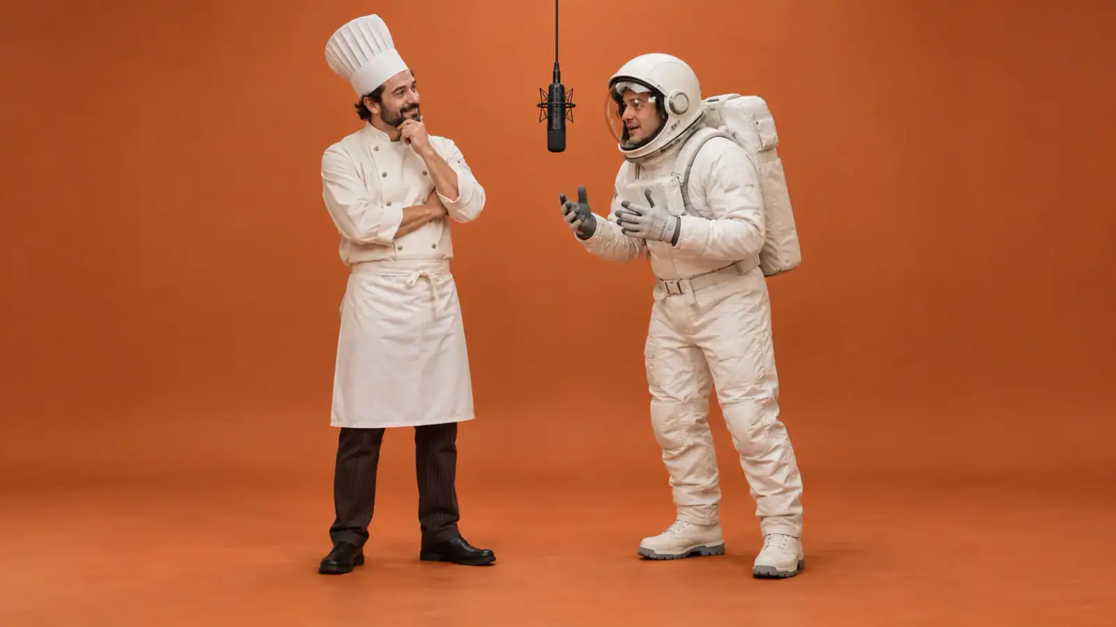 A stable orange-booth composition with a centered microphone and a locked camera