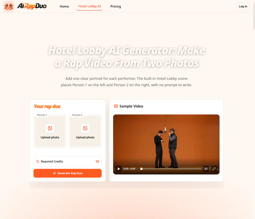 AI Rap Duo Hotel Lobby generator showing separate Person 1 and Person 2 upload slots, a sample video, and the Generate Rap Duo control
