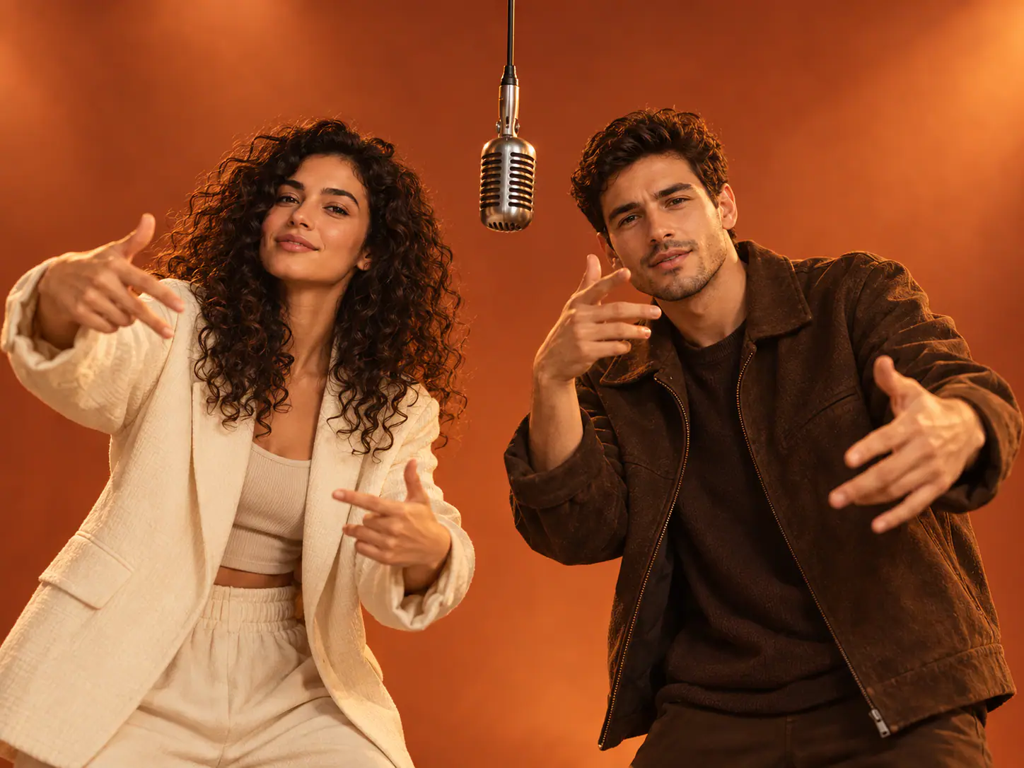 Concept illustration of two fictional performers sharing an orange stage beneath a hanging microphone.