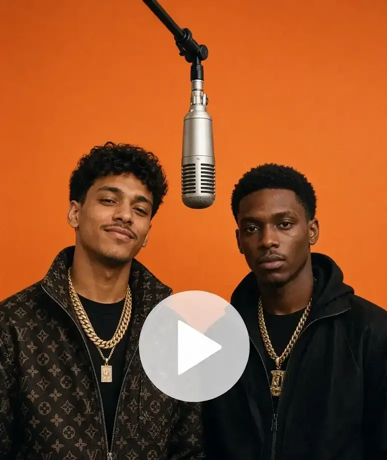 A two-person orange-booth performance layout: a stable camera, a centered hanging microphone, and two subjects with distinct roles.